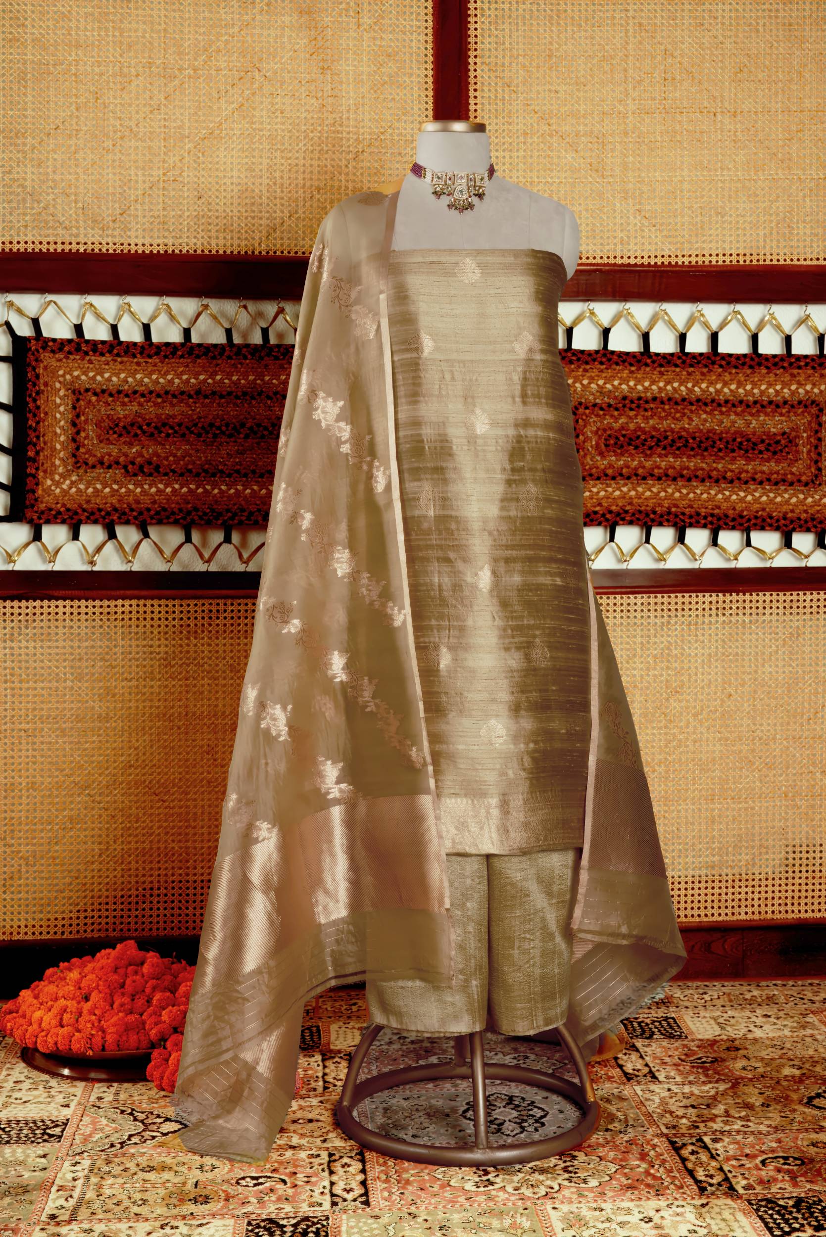 Raw Silk Suit Piece with Kora Organza Dupatta