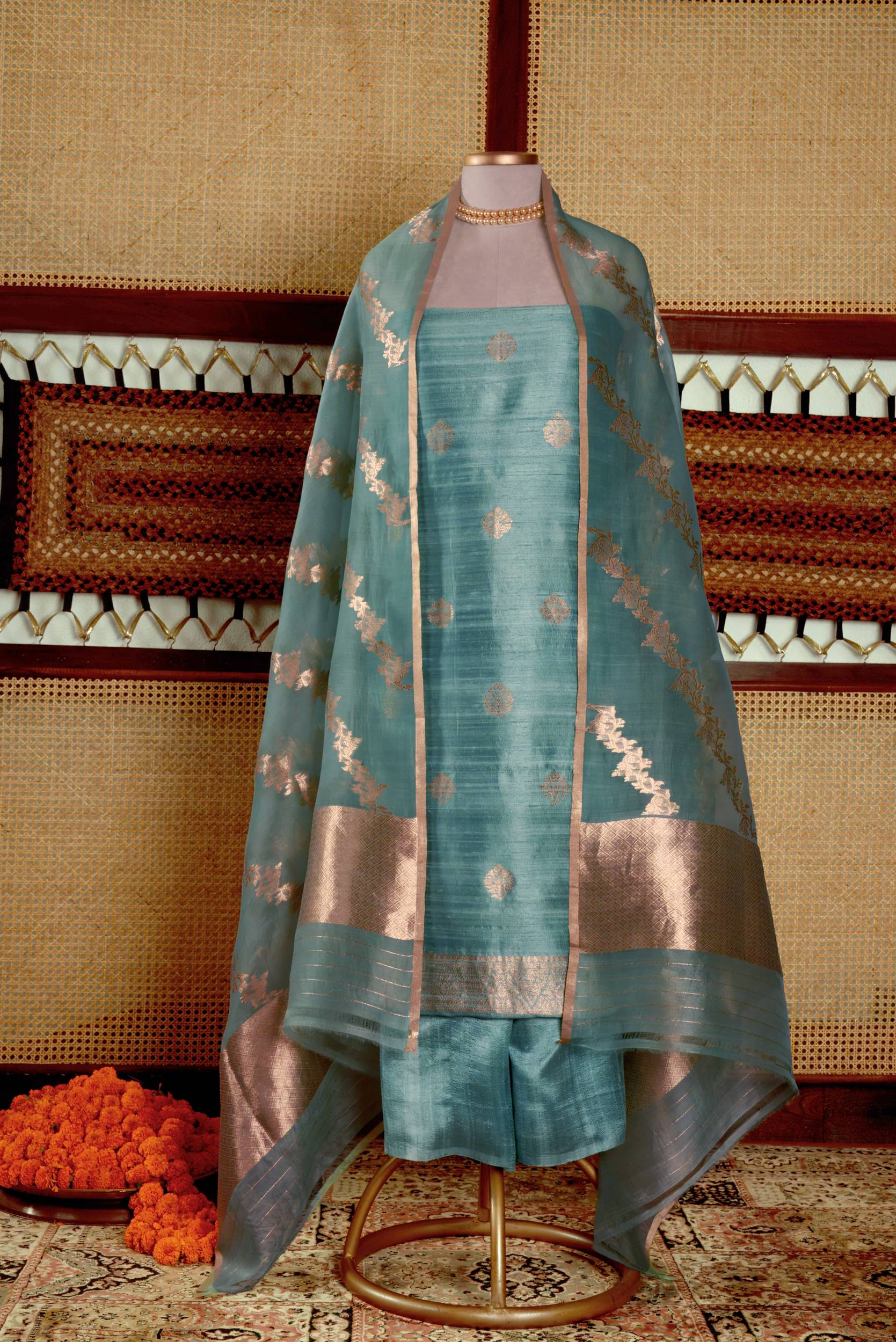 Raw Silk Suit Piece with Kora Organza Dupatta